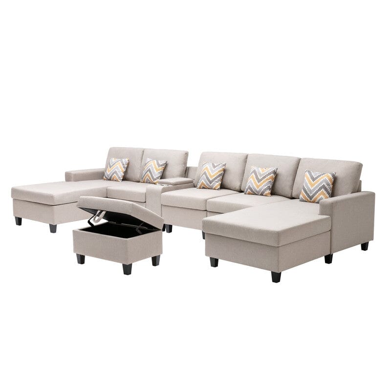 Nolan Beige Linen Fabric 7Pc Double Chaise Sectional Sofa with Interchangeable Legs, Storage Ottoman, Pillows, and a USB, Charging Ports, Cupholders, Storage Console Table