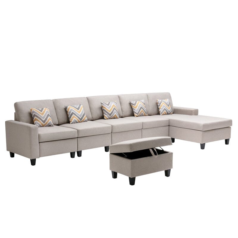 Nolan Beige Linen Fabric 6Pc Reversible Sectional Sofa Chaise with Interchangeable Legs, Pillows and Storage Ottoman