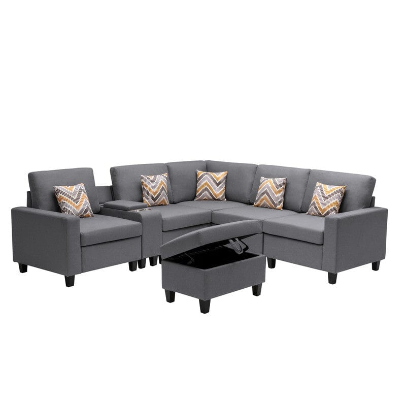 Nolan Gray Linen Fabric 7Pc Reversible Sectional Sofa with Interchangeable Legs, Pillows, Storage Ottoman, and a USB, Charging Ports, Cupholders, Storage Console Table