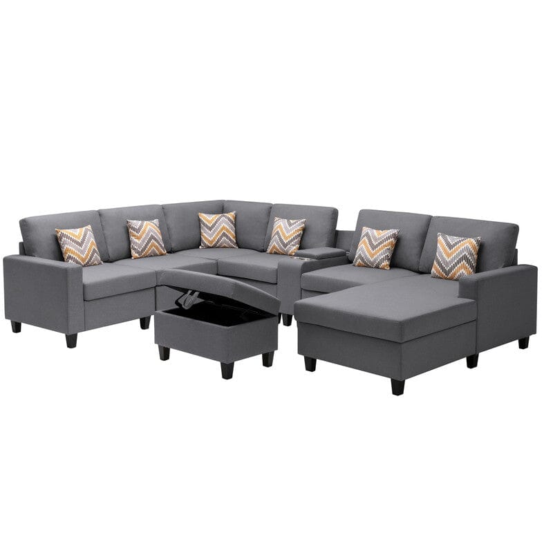 Nolan Gray Linen Fabric 8Pc Reversible Chaise Sectional Sofa with Interchangeable Legs, Pillows, Storage Ottoman, and a USB, Charging Ports, Cupholders, Storage Console Table