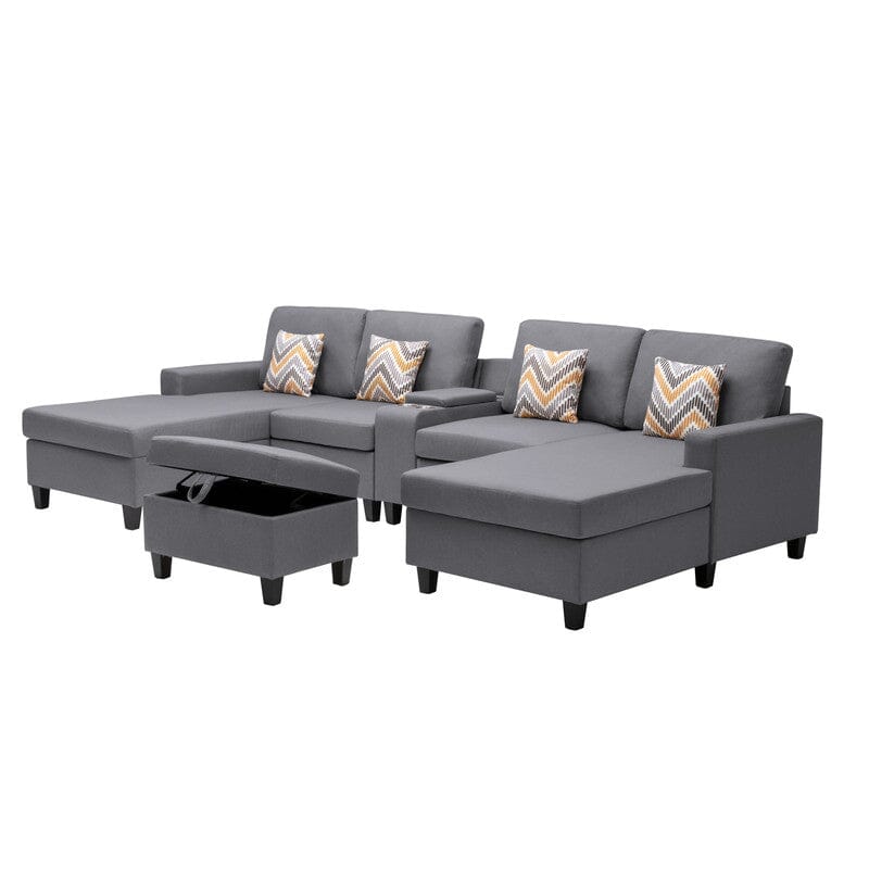 Nolan Gray Linen Fabric 6Pc Double Chaise Sectional Sofa with Interchangeable Legs, Storage Ottoman, Pillows, and a USB, Charging Ports, Cupholders, Storage Console Table