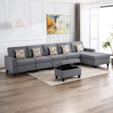 Nolan Gray Linen Fabric 6Pc Reversible Sectional Sofa Chaise with Interchangeable Legs, Pillows and Storage Ottoman