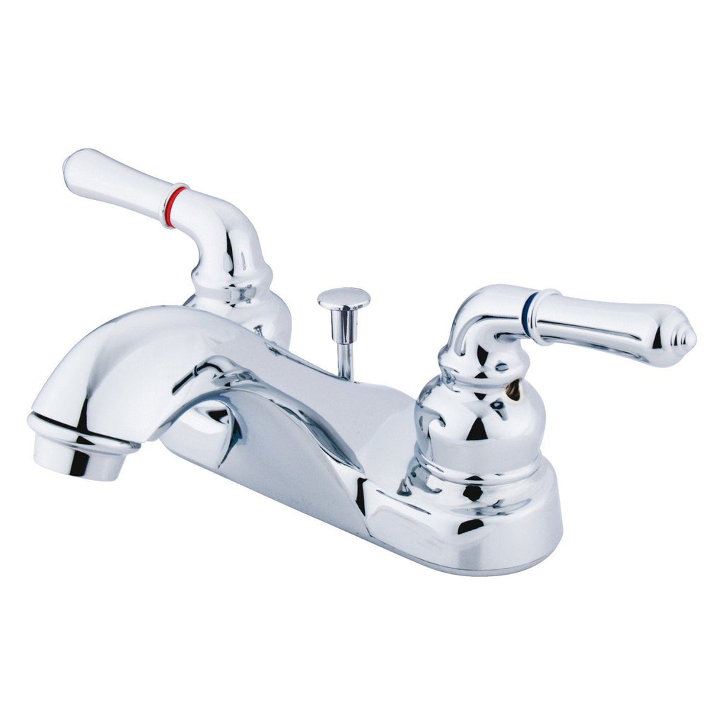 Windsor Two-Handle 3-Hole Deck Mount 4" Centerset Bathroom Faucet with Plastic Pop-Up