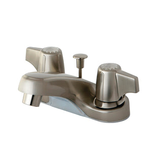 Two-Handle 3-Hole Deck Mount 4" Centerset Bathroom Faucet with Plastic Pop-Up