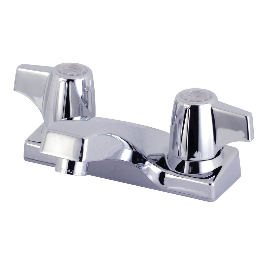Two-Handle 2-Hole Deck Mount 4" Centerset Bathroom Faucet with Plastic Pop-Up