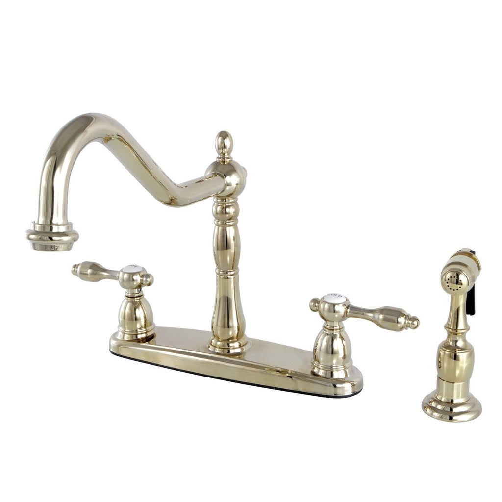 Tudor Two-Handle 4-Hole Deck Mount 8" Centerset Kitchen Faucet with Side Sprayer