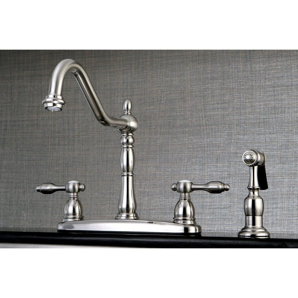 Tudor Two-Handle 4-Hole Deck Mount 8" Centerset Kitchen Faucet with Side Sprayer
