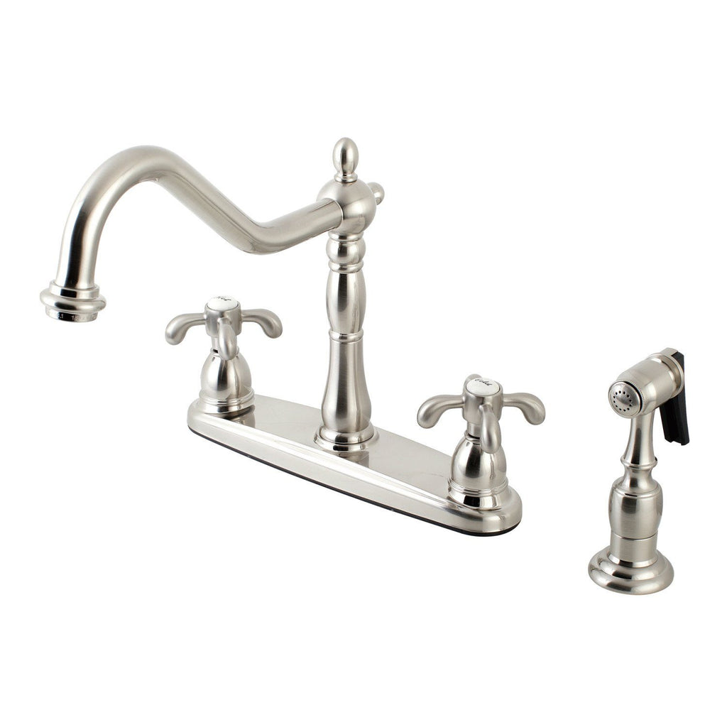French Country Two-Handle 4-Hole Deck Mount 8" Centerset Kitchen Faucet with Side Sprayer
