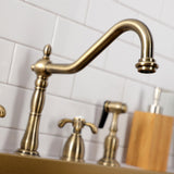 French Country Two-Handle 4-Hole Deck Mount Widespread Kitchen Faucet with Brass Sprayer