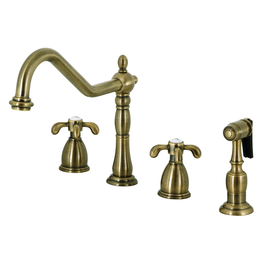 French Country Two-Handle 4-Hole Deck Mount Widespread Kitchen Faucet with Brass Sprayer