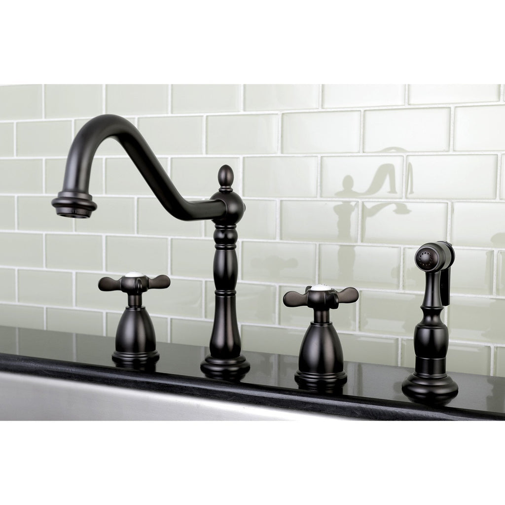 Essex Two-Handle 4-Hole Deck Mount Widespread Kitchen Faucet with Brass Sprayer