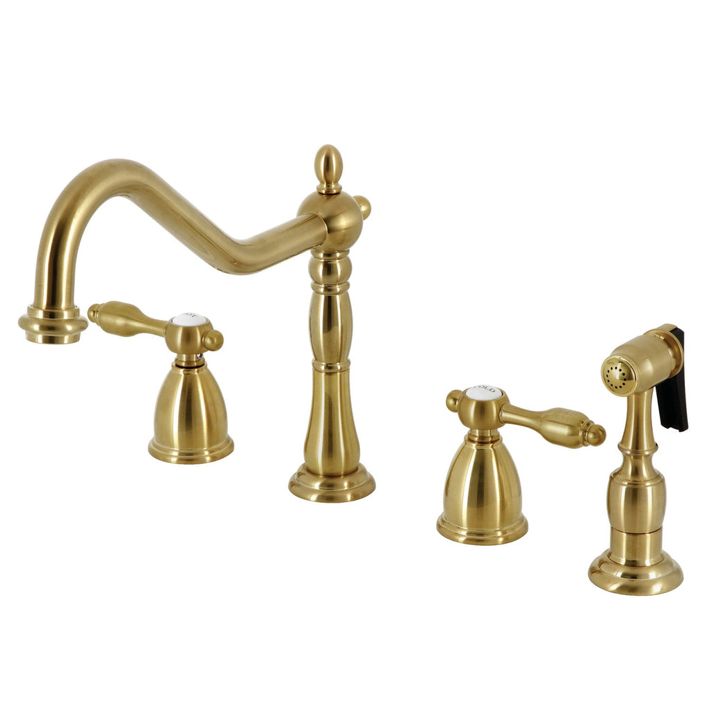 Tudor Two-Handle 4-Hole Deck Mount Widespread Kitchen Faucet with Brass Sprayer