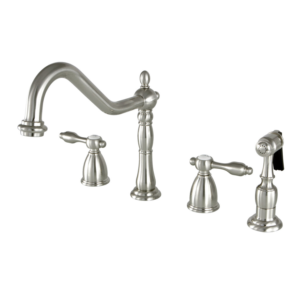 Tudor Two-Handle 4-Hole Deck Mount Widespread Kitchen Faucet with Brass Sprayer