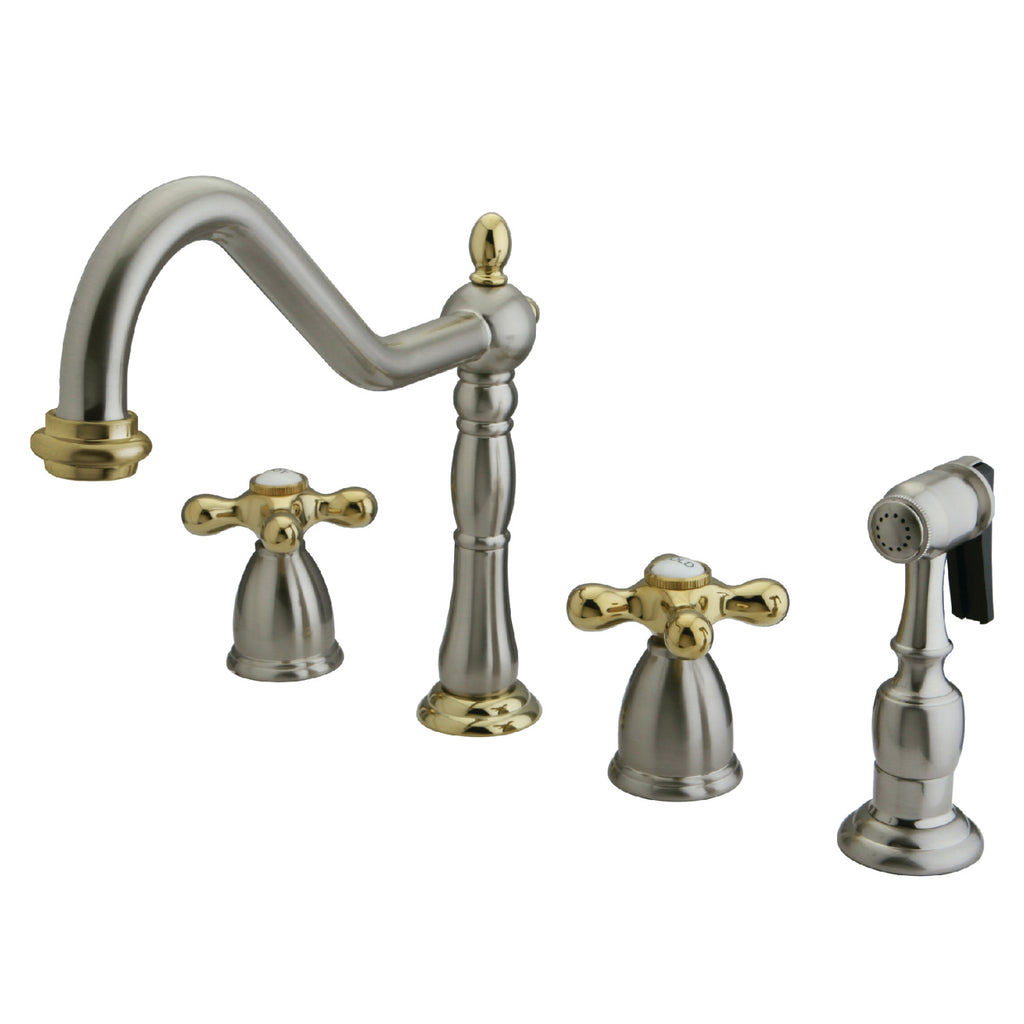 Heritage Two-Handle 4-Hole Deck Mount Widespread Kitchen Faucet with Brass Sprayer