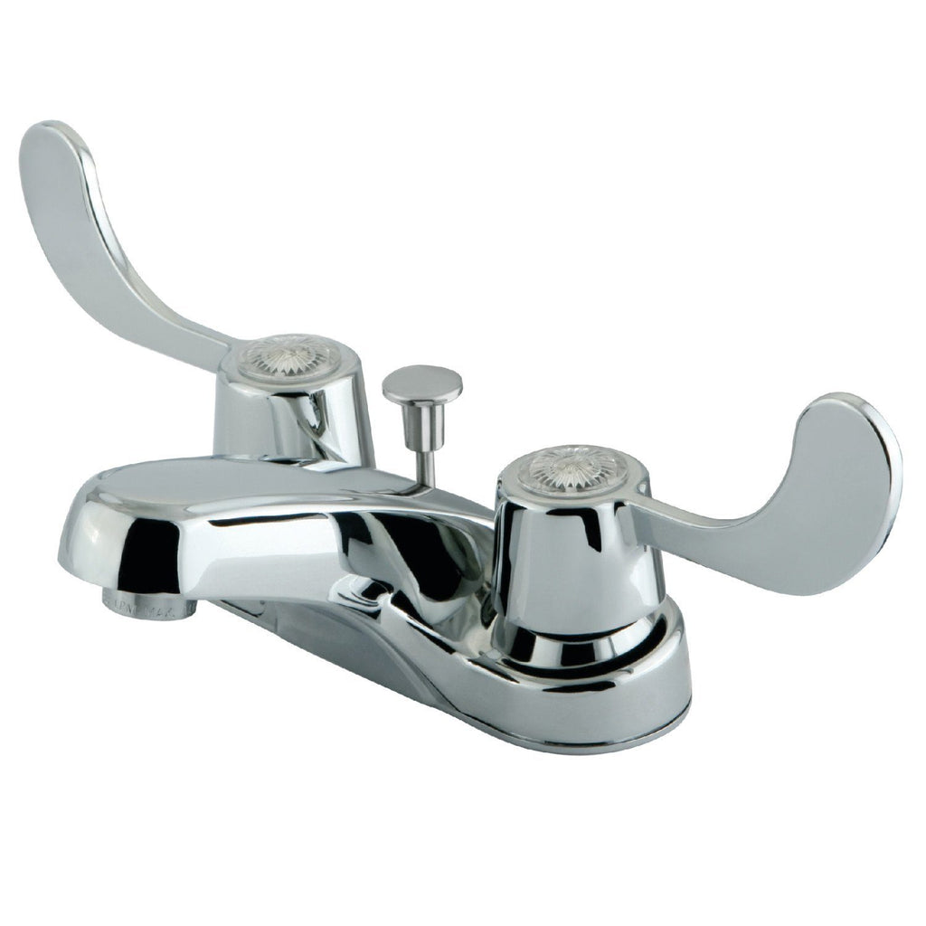 NuFrench Two-Handle 3-Hole Deck Mount 4" Centerset Bathroom Faucet with Plastic Pop-Up