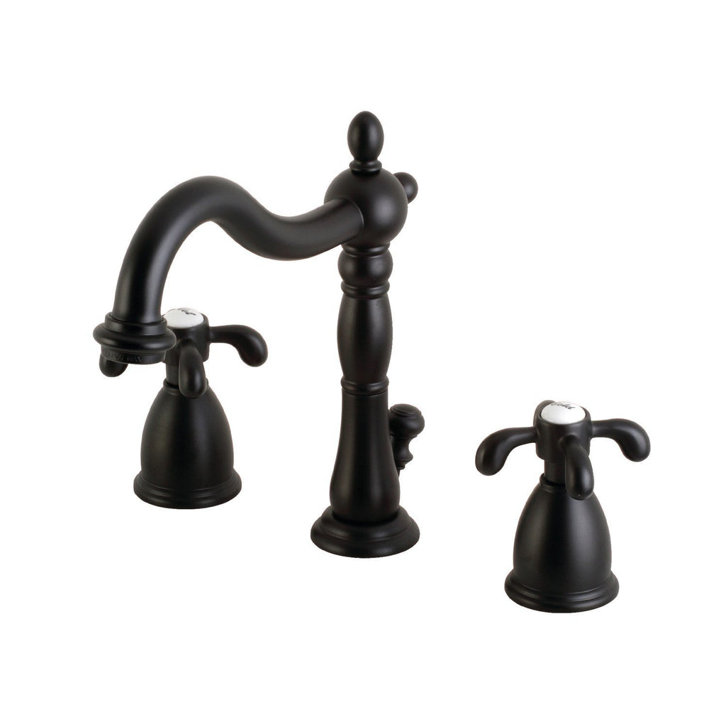 French Country Two-Handle 3-Hole Deck Mount Widespread Bathroom Faucet with Plastic Pop-Up