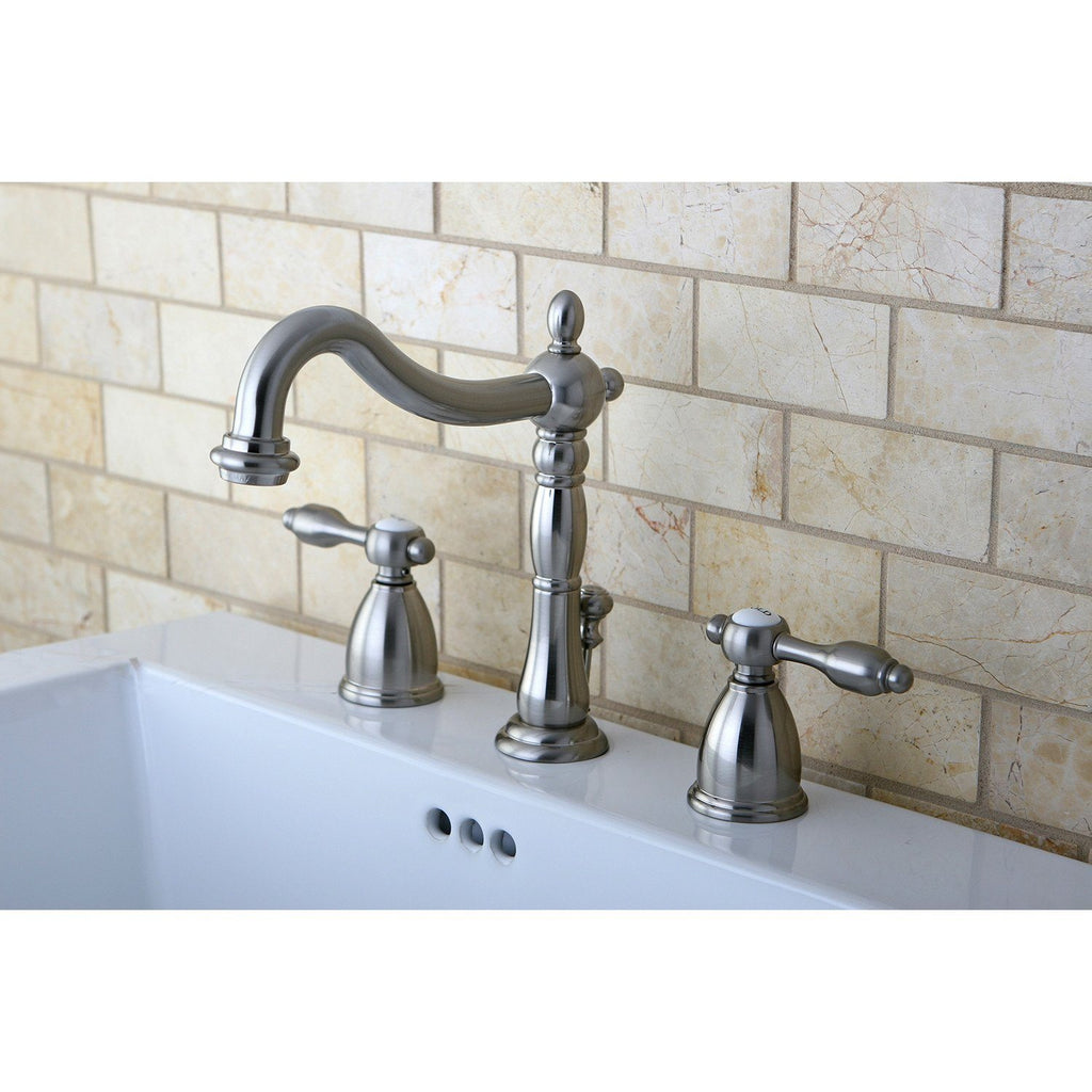 Tudor Two-Handle 3-Hole Deck Mount Widespread Bathroom Faucet with Plastic Pop-Up
