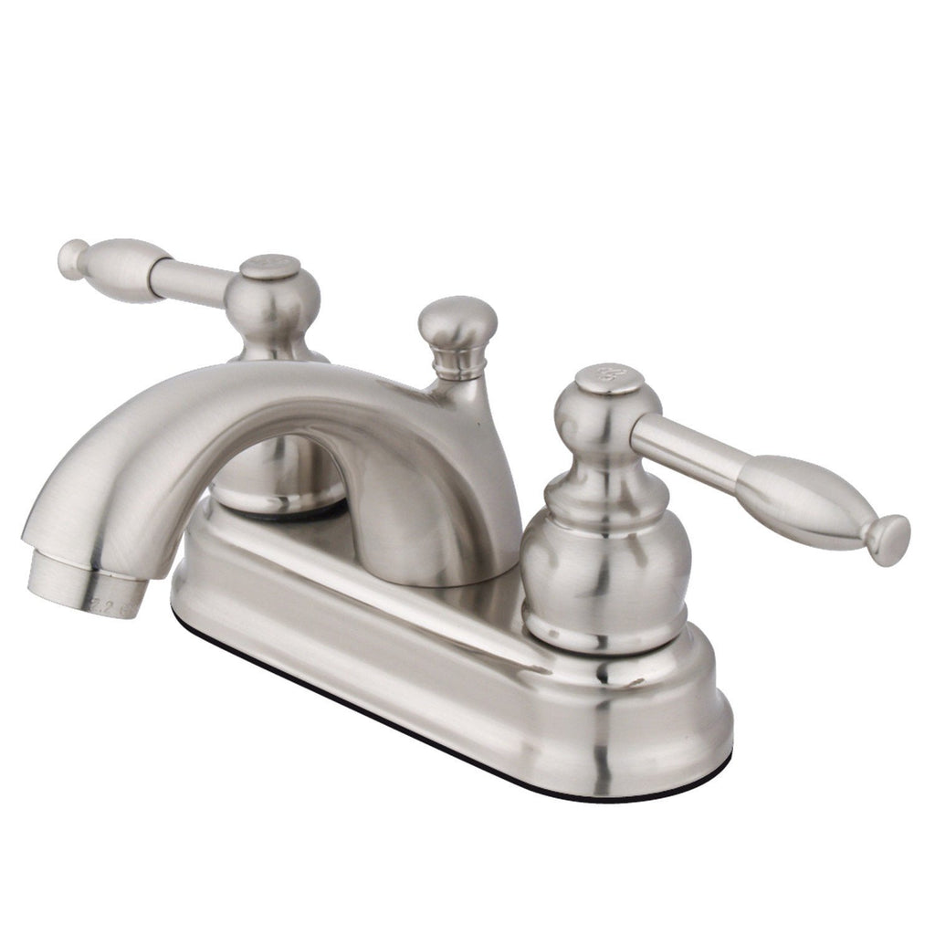 Knight Two-Handle 3-Hole Deck Mount 4" Centerset Bathroom Faucet with Plastic Pop-Up