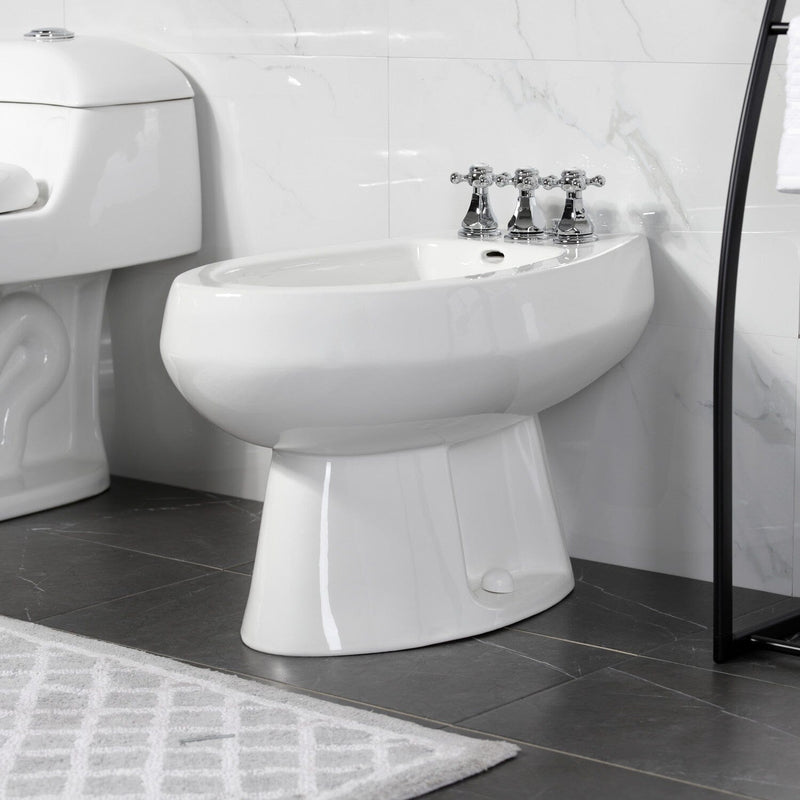 Metropolitan Three-Handle Deck Mount Vertical Spray Bidet Faucet with Brass Pop-Up