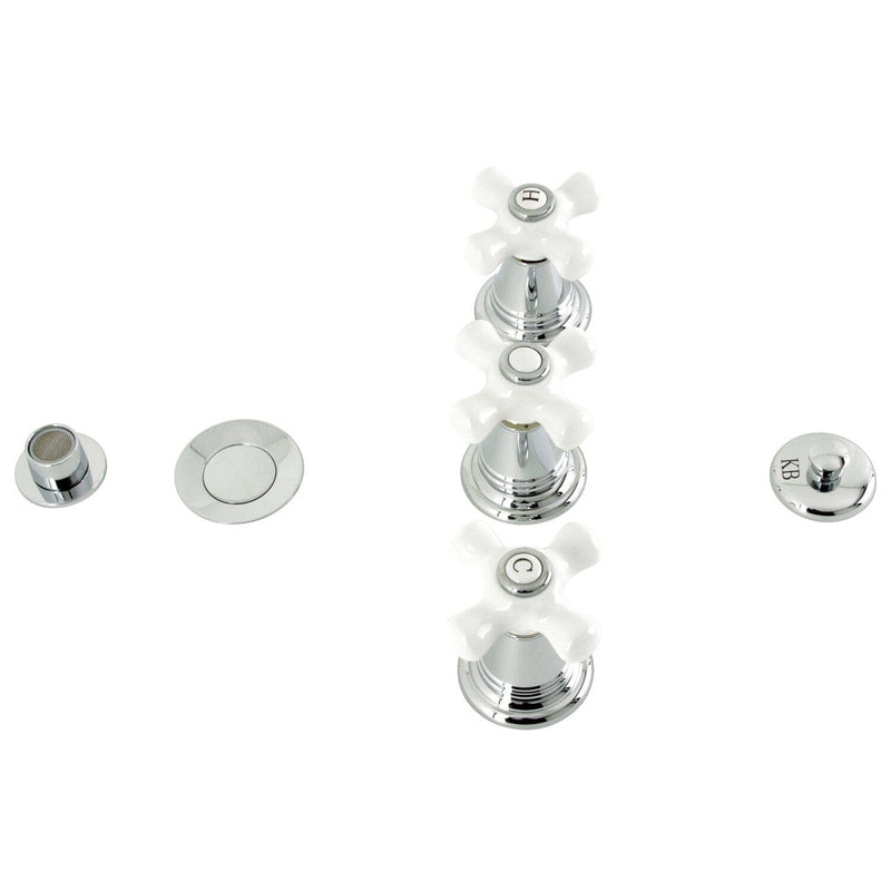 Victorian Three-Handle Deck Mount Vertical Spray Bidet Faucet with Brass Pop-Up