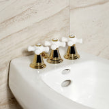Victorian Three-Handle Deck Mount Vertical Spray Bidet Faucet with Brass Pop-Up