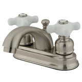 Two-Handle 3-Hole Deck Mount 4" Centerset Bathroom Faucet with Plastic Pop-Up