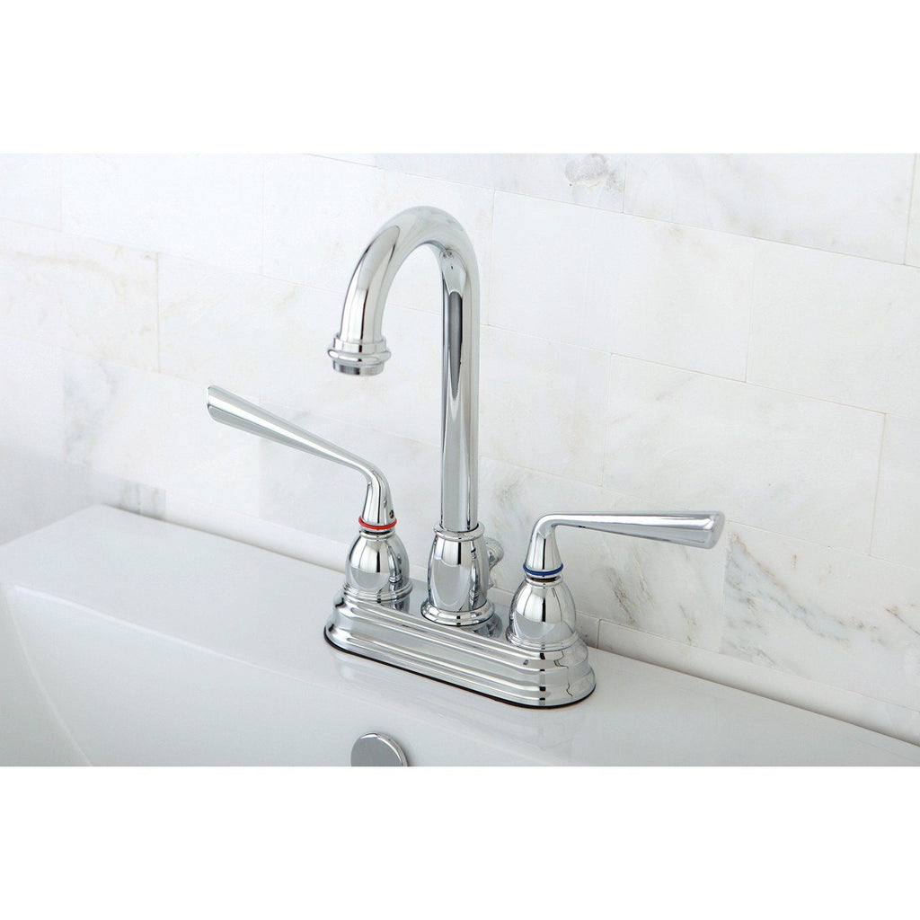 Silver Sage Two-Handle 3-Hole Deck Mount 4" Centerset Bathroom Faucet with Plastic Pop-Up