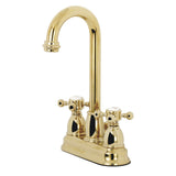 Two-Handle 3-Hole Deck Mount 4" Centerset Bathroom Faucet with Plastic Pop-Up