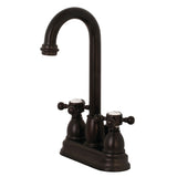 Two-Handle 3-Hole Deck Mount 4" Centerset Bathroom Faucet with Plastic Pop-Up