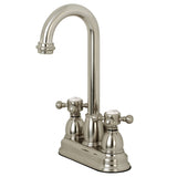 Two-Handle 3-Hole Deck Mount 4" Centerset Bathroom Faucet with Plastic Pop-Up