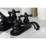 Restoration Two-Handle 3-Hole Deck Mount 4" Centerset Bathroom Faucet with Plastic Pop-Up