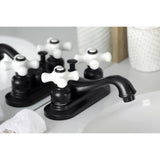 Restoration Two-Handle 3-Hole Deck Mount 4" Centerset Bathroom Faucet with Plastic Pop-Up