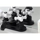 Restoration Two-Handle 3-Hole Deck Mount 4" Centerset Bathroom Faucet with Plastic Pop-Up