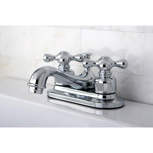 Restoration Two-Handle 3-Hole Deck Mount 4" Centerset Bathroom Faucet with Plastic Pop-Up