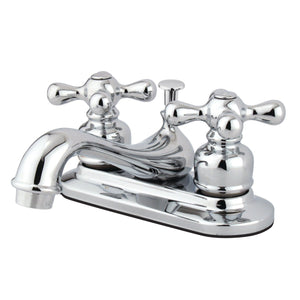 Restoration Two-Handle 3-Hole Deck Mount 4" Centerset Bathroom Faucet with Plastic Pop-Up