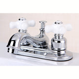 Restoration Two-Handle 3-Hole Deck Mount 4" Centerset Bathroom Faucet with Plastic Pop-Up