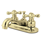 Restoration Two-Handle 3-Hole Deck Mount 4" Centerset Bathroom Faucet with Plastic Pop-Up