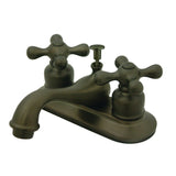 Restoration Two-Handle 3-Hole Deck Mount 4" Centerset Bathroom Faucet with Plastic Pop-Up