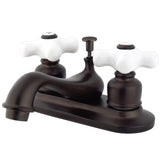 Restoration Two-Handle 3-Hole Deck Mount 4" Centerset Bathroom Faucet with Plastic Pop-Up