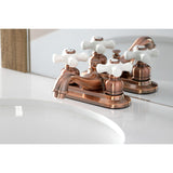 Restoration Two-Handle 3-Hole Deck Mount 4" Centerset Bathroom Faucet with Plastic Pop-Up