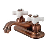 Restoration Two-Handle 3-Hole Deck Mount 4" Centerset Bathroom Faucet with Plastic Pop-Up