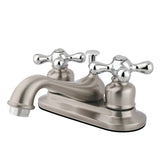 Restoration Two-Handle 3-Hole Deck Mount 4" Centerset Bathroom Faucet with Plastic Pop-Up