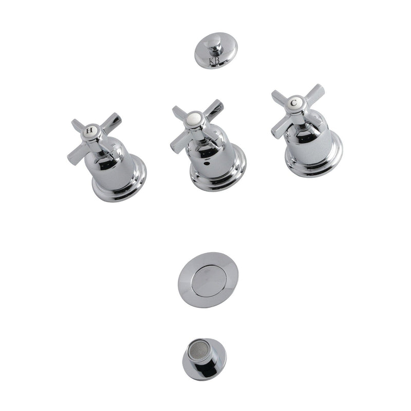 Millennium Three-Handle Deck Mount Vertical Spray Bidet Faucet with Brass Pop-Up