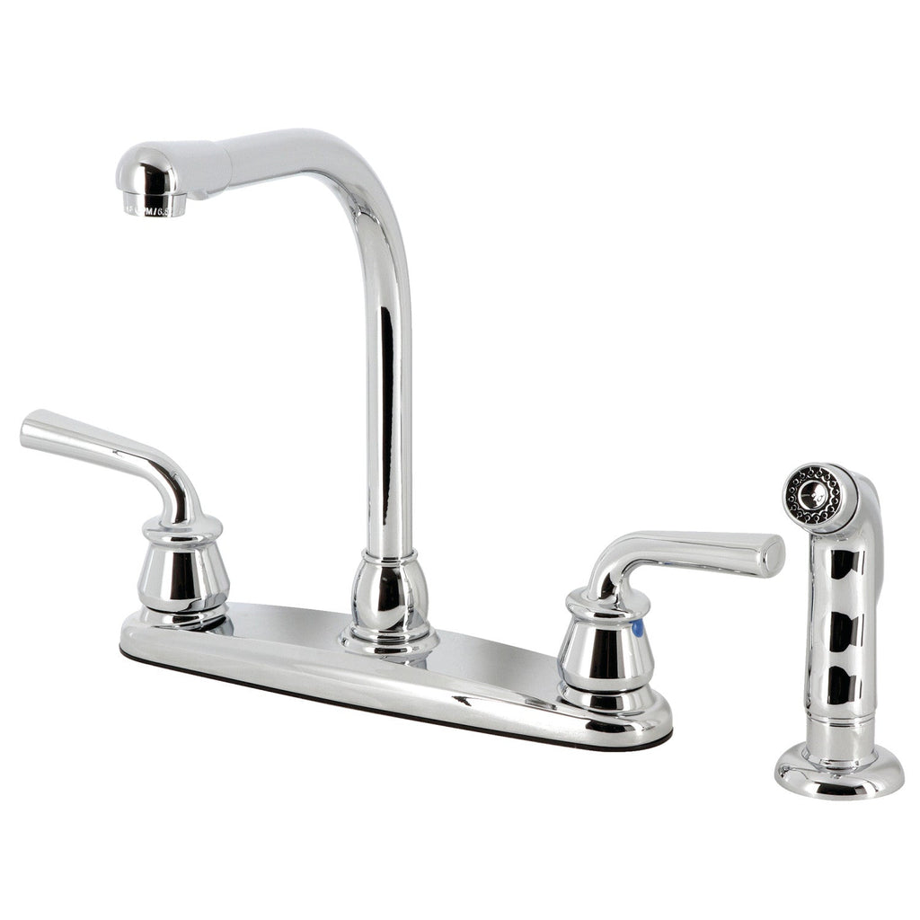Restoration Two-Handle 4-Hole Deck Mount 8" Centerset Kitchen Faucet with Side Sprayer