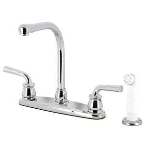 Restoration Two-Handle 4-Hole Deck Mount 8" Centerset Kitchen Faucet with White Sprayer