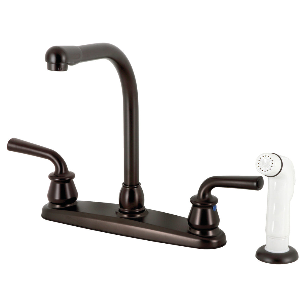 Restoration Two-Handle 4-Hole Deck Mount 8" Centerset Kitchen Faucet with White Sprayer