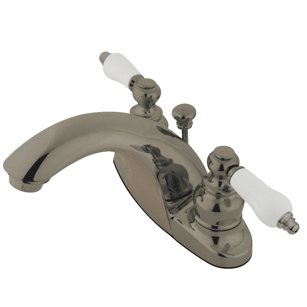 English Country Two-Handle 3-Hole Deck Mount 4" Centerset Bathroom Faucet with Plastic Pop-Up