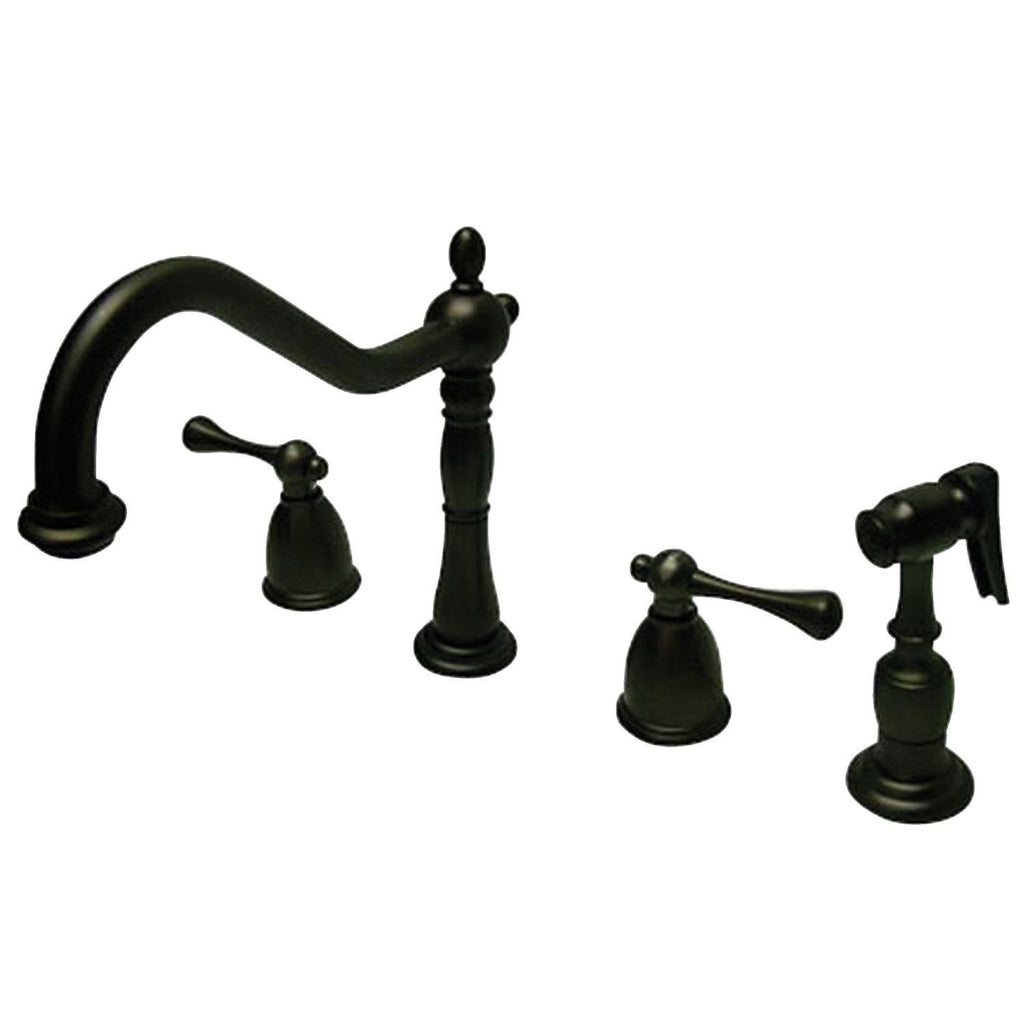 English Country Two-Handle 4-Hole Deck Mount Widespread Kitchen Faucet with Brass Sprayer
