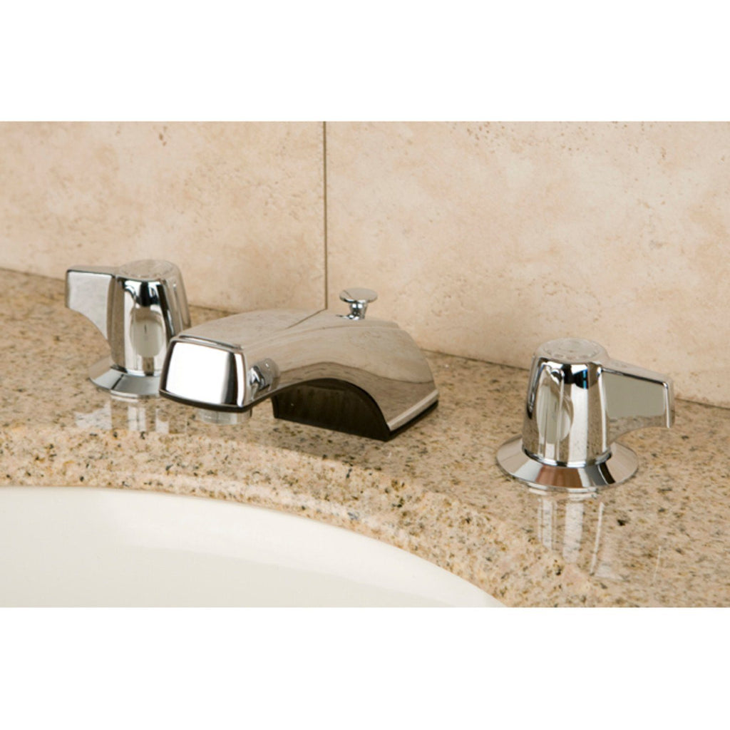 Americana Two-Handle 3-Hole Deck Mount Widespread Bathroom Faucet with Plastic Pop-Up
