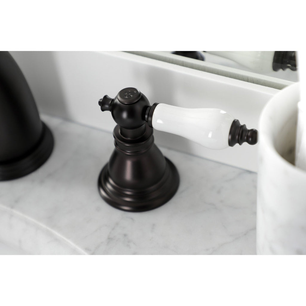 American Patriot Two-Handle 3-Hole Deck Mount Widespread Bathroom Faucet with Plastic Pop-Up
